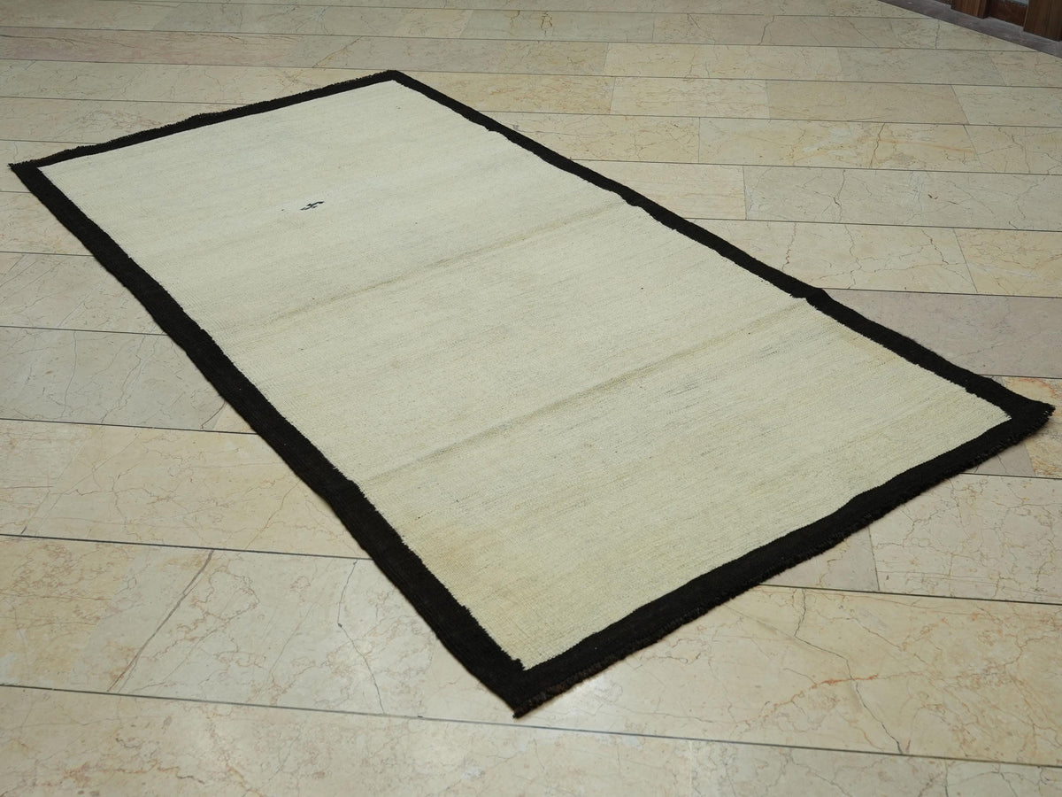 Vintage Cream Kilim Rug: 3.7"x7.2" Hand Woven Turkish Wool Rugs