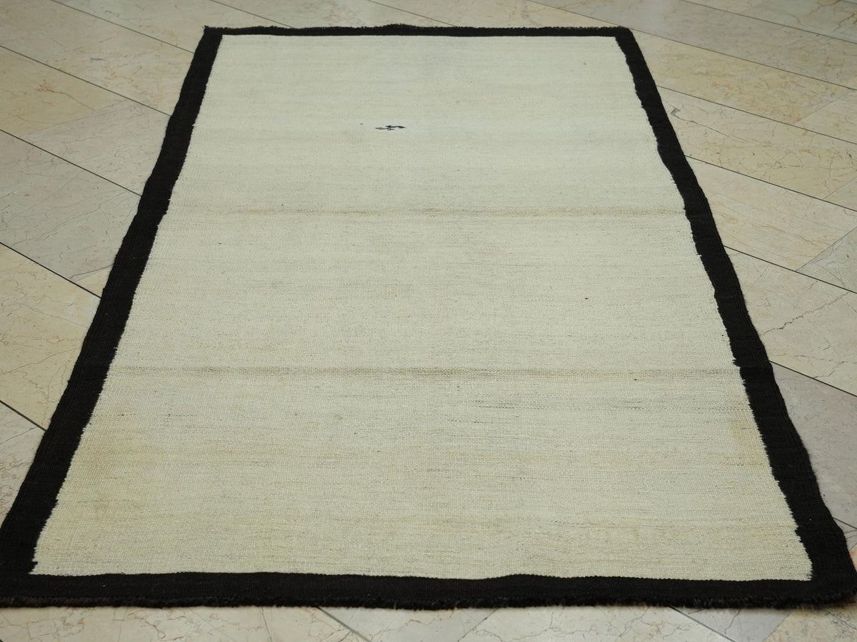 Vintage Cream Kilim Rug: 3.7"x7.2" Hand Woven Turkish Wool Rugs