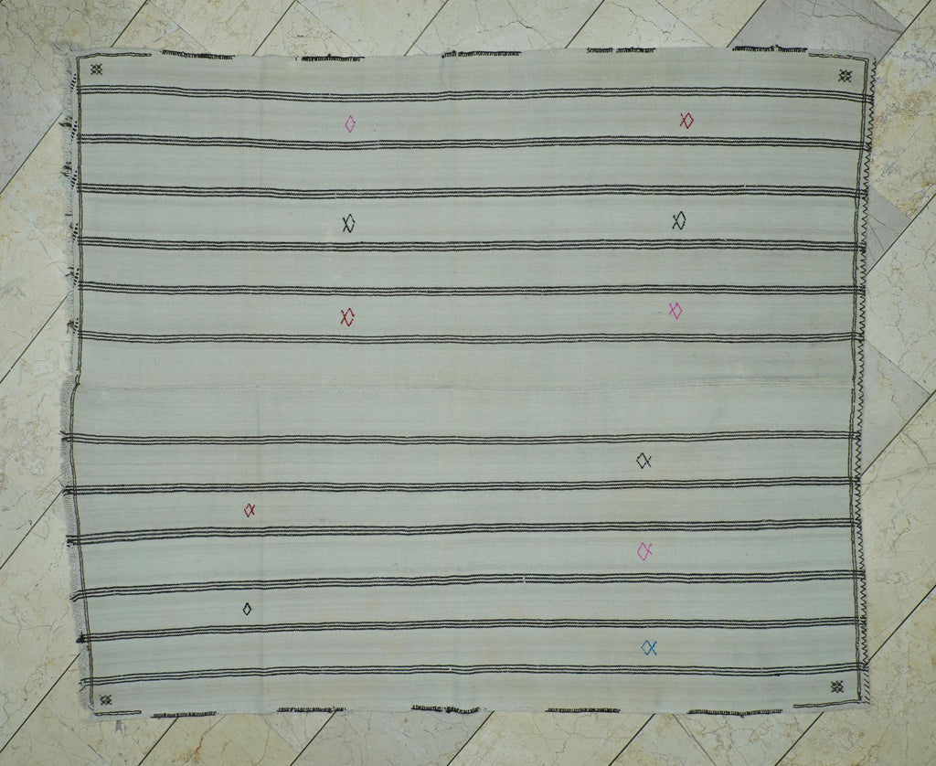 Minimalist Decor Wool Flat Weave Striped Kilim Rug:5.3x6.6 Feet,Turkish Area Rugs