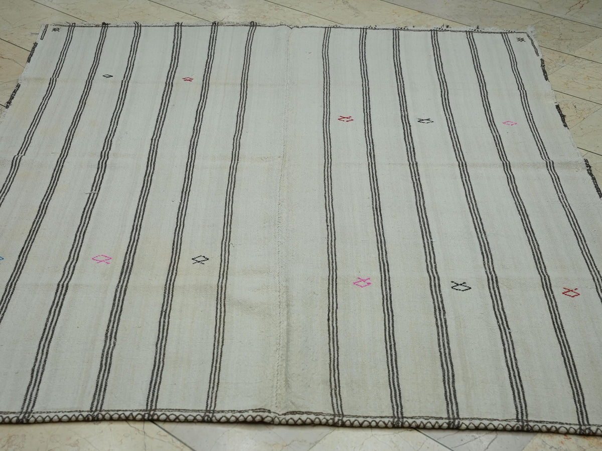 Minimalist Decor Wool Flat Weave Striped Kilim Rug:5.3x6.6 Feet,Turkish Area Rugs