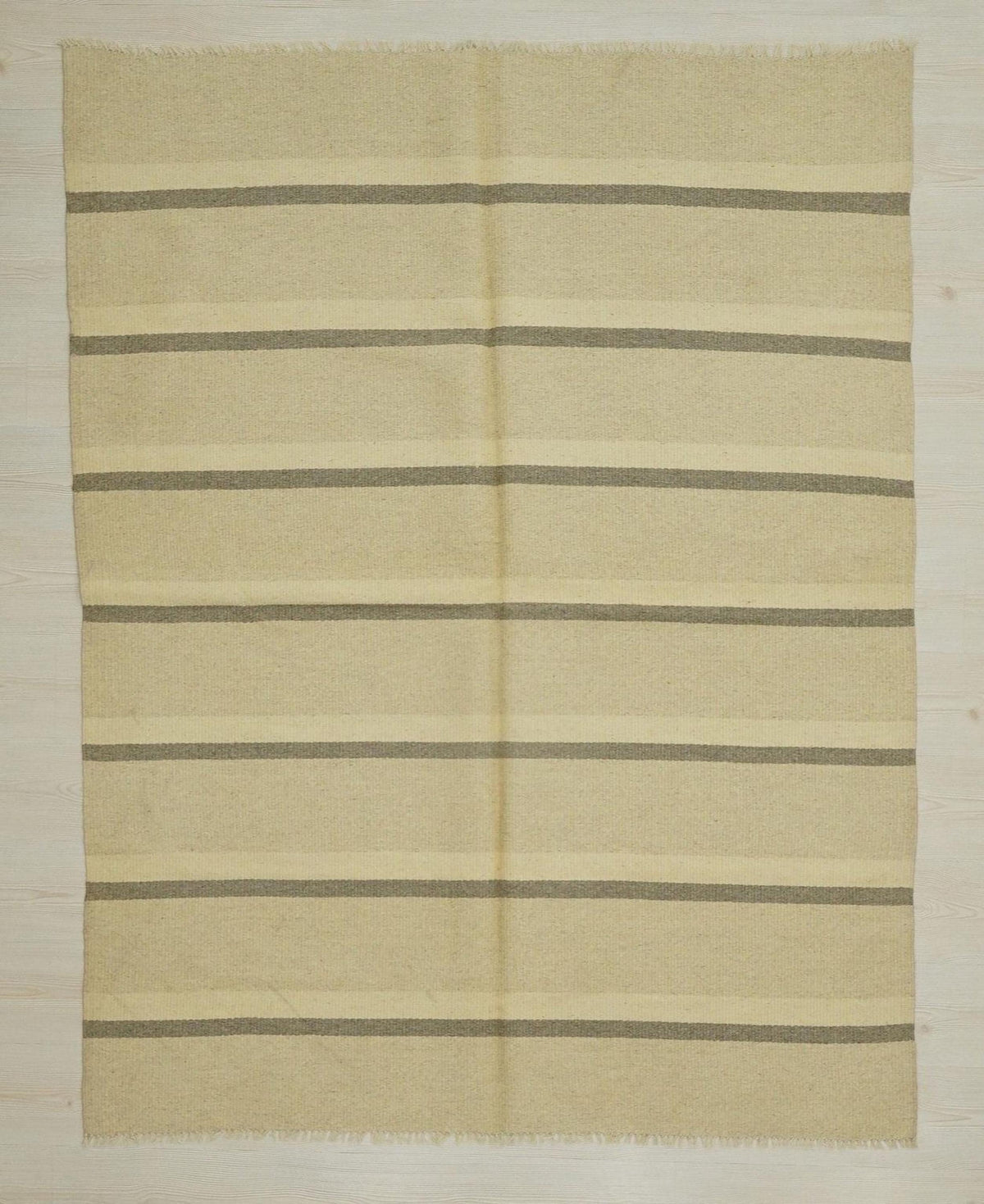 Small Cream & Gray Striped Kilim Rug: Handmade Flat Weave Wool Rugs, 5.2x6.7 ft.