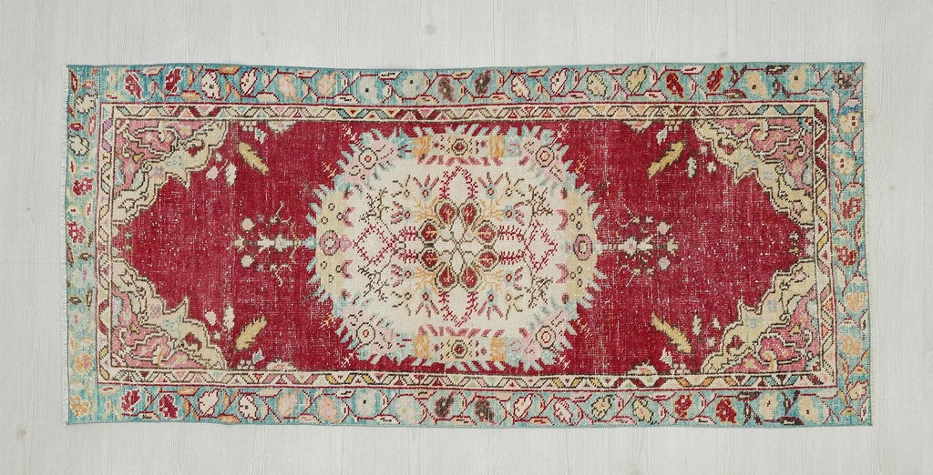 Small Antique Oushak Rug: 3"x6,7" Red & Blue Turkish Carpet Rugs