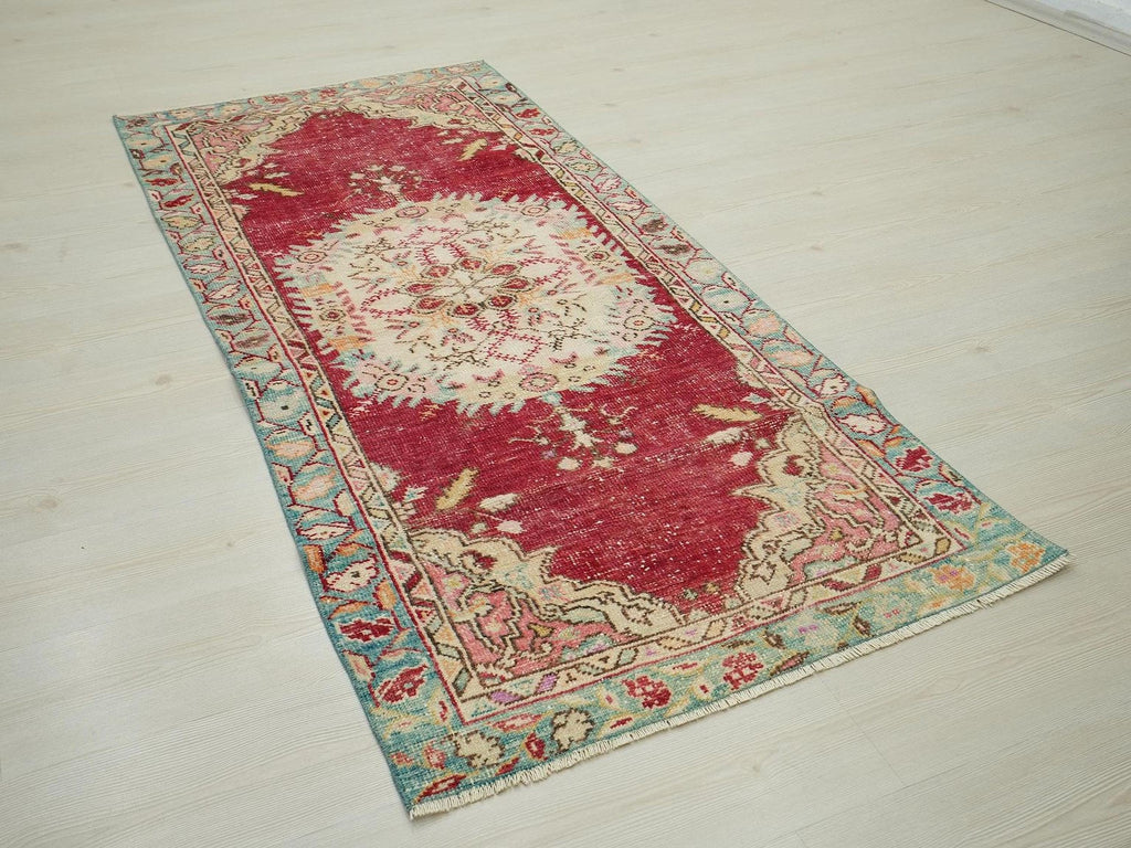 Small Antique Oushak Rug: 3"x6,7" Red & Blue Turkish Carpet Rugs