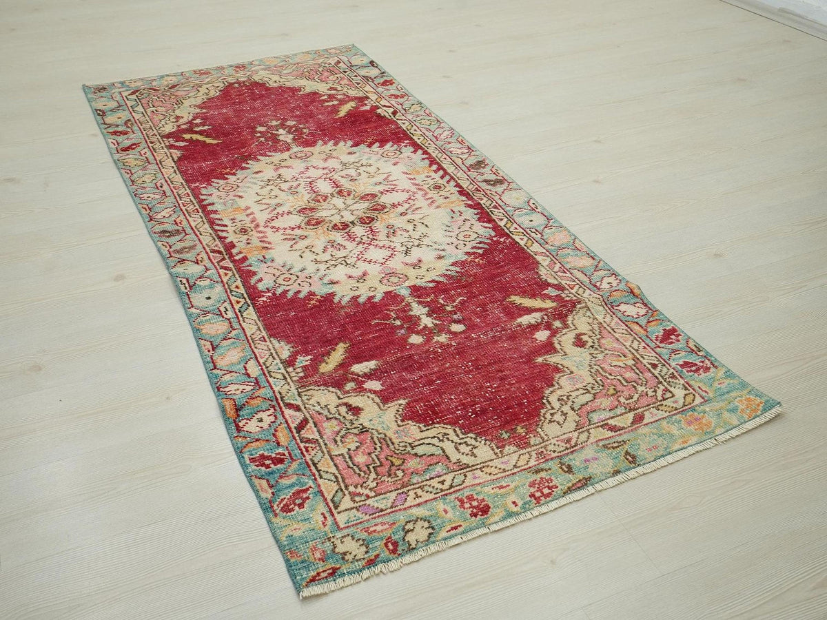 Small Antique Oushak Rug: 3"x6,7" Red & Blue Turkish Carpet Rugs