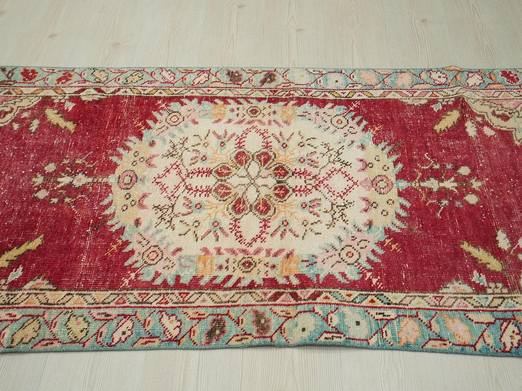 Small Antique Oushak Rug: 3"x6,7" Red & Blue Turkish Carpet Rugs
