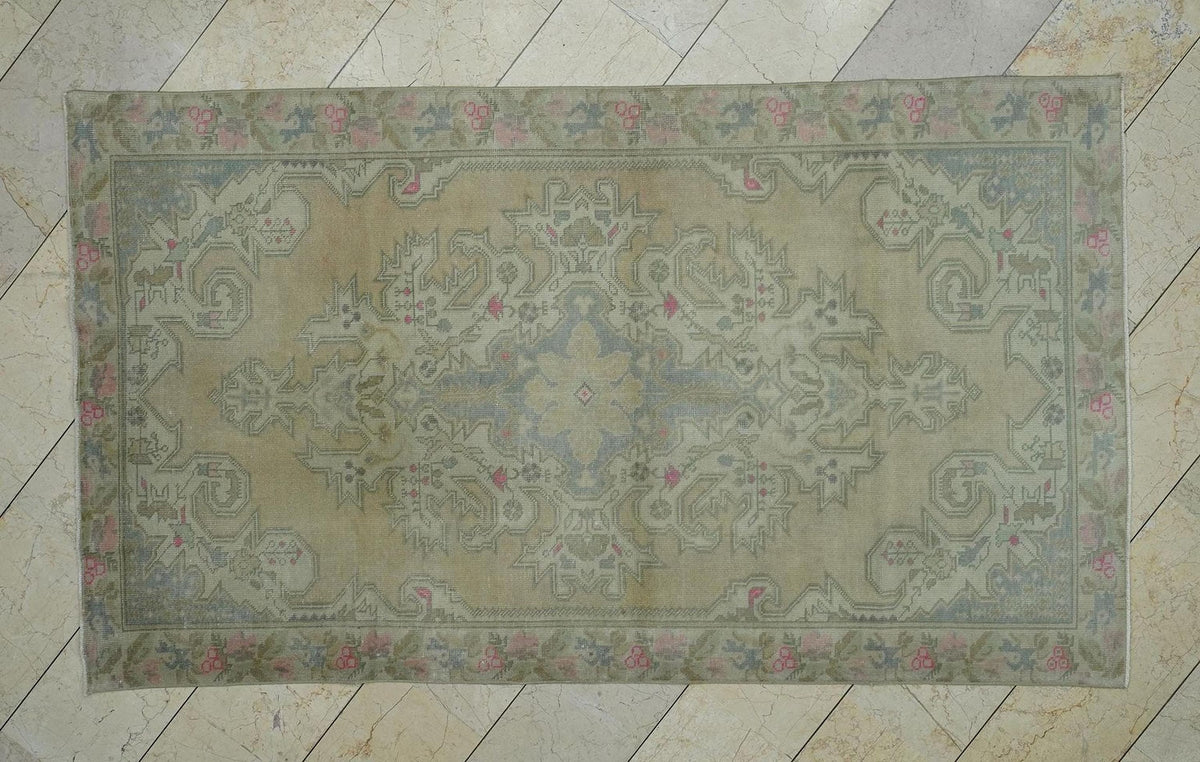 Faded Color Vintage Turkish Rug: 4.7x8 Feet,Low Pile Handmade Oushak Area Rugs.