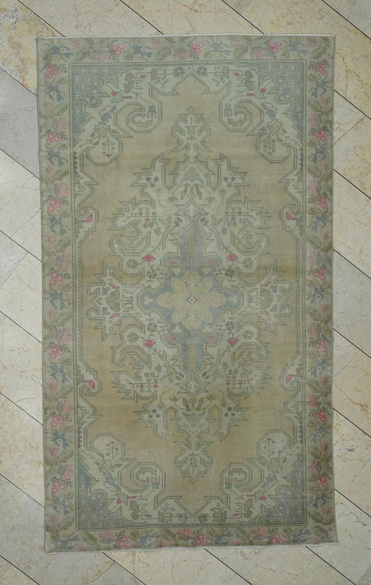 Faded Color Vintage Turkish Rug: 4.7x8 Feet,Low Pile Handmade Oushak Area Rugs.