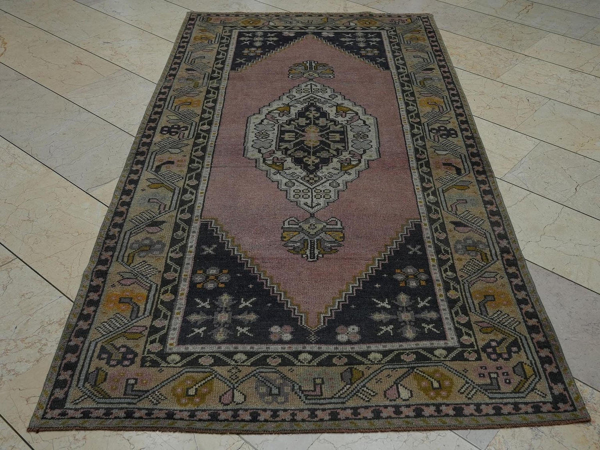 Handmade Wool Oushak Rug: 4x7.6 Feet,Vintage Turkish Area Rugs.