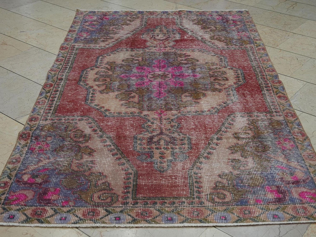 Vintage Pink Oushak Rug: 4,3x7,2 Feet,Handmade Turkish Small Size Rugs.