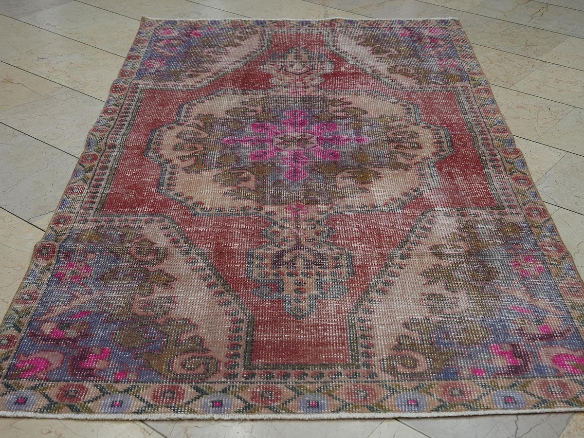 Vintage Pink Oushak Rug: 4,3x7,2 Feet,Handmade Turkish Small Size Rugs.