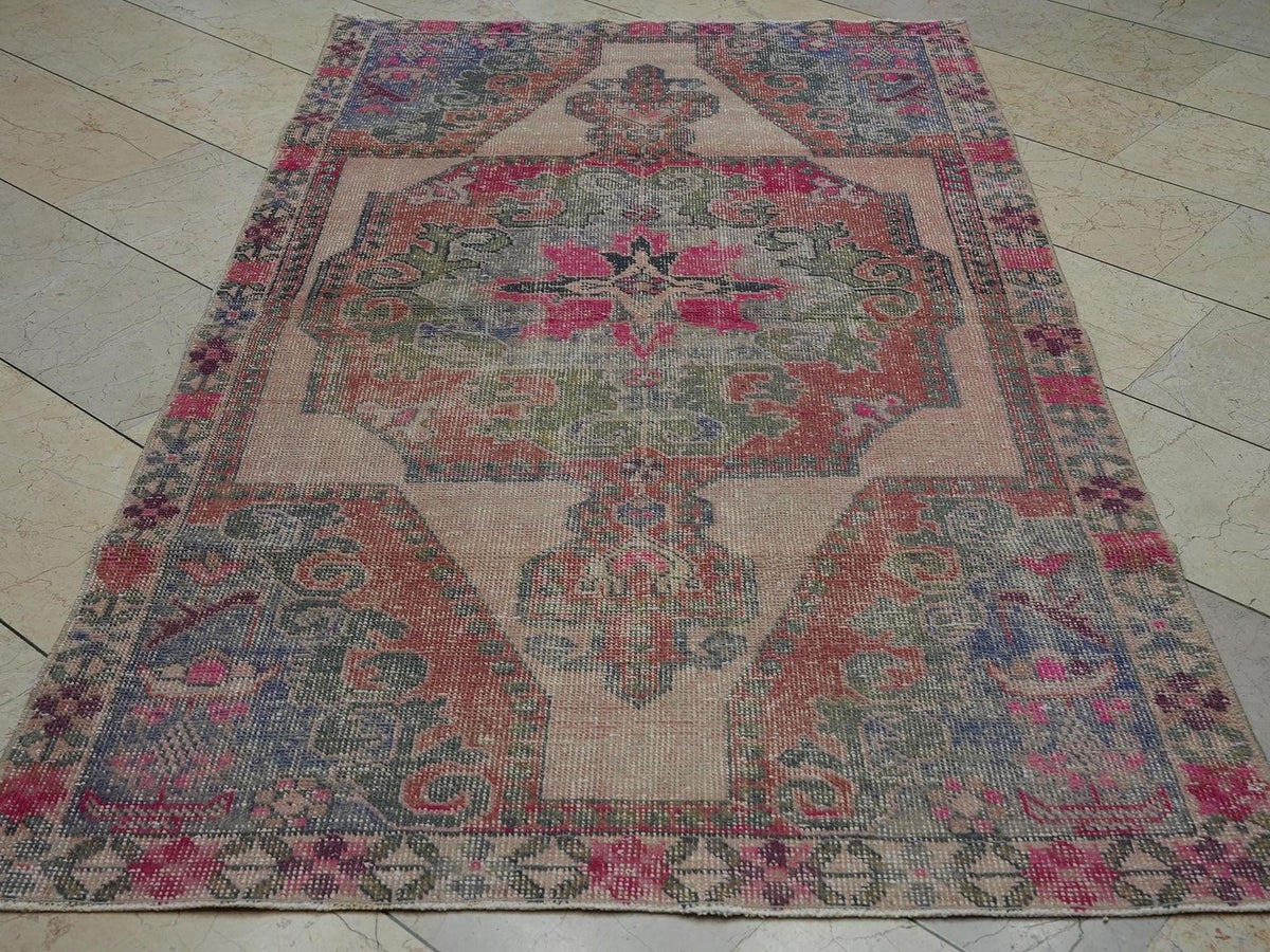 4x7 Vintage Pink Oushak Rug: Small Size Home Living Decor Turkish Wool Rugs.