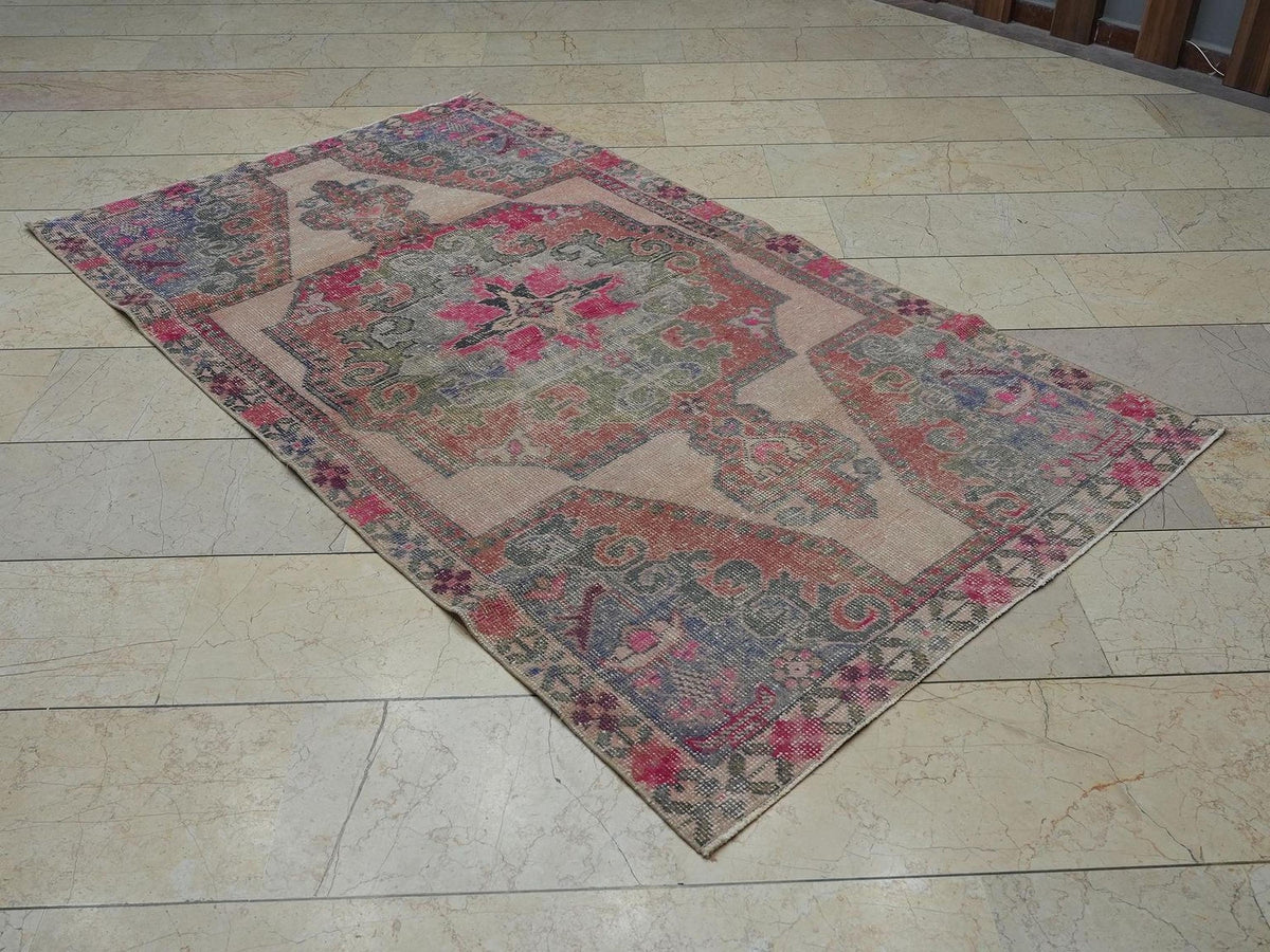 4x7 Vintage Pink Oushak Rug: Small Size Home Living Decor Turkish Wool Rugs.