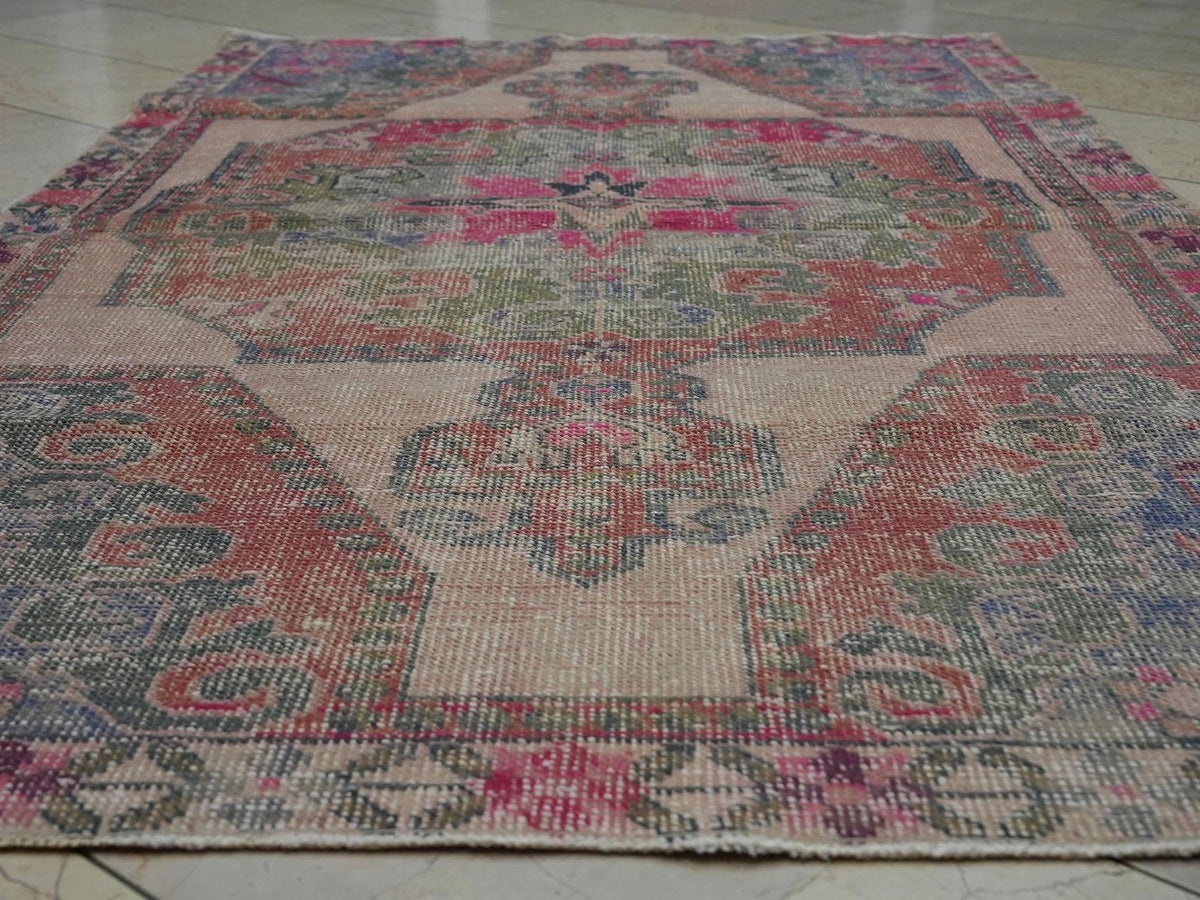 4x7 Vintage Pink Oushak Rug: Small Size Home Living Decor Turkish Wool Rugs.