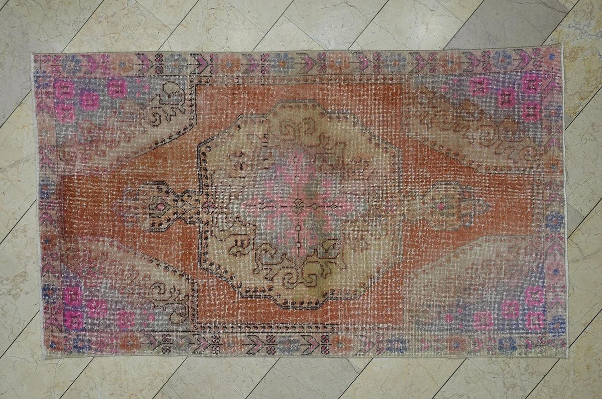 Small Size Vintage Turkish Rug: 4.3xx7.2 Feet,Multi Faded Color Wool Oushak Rugs.