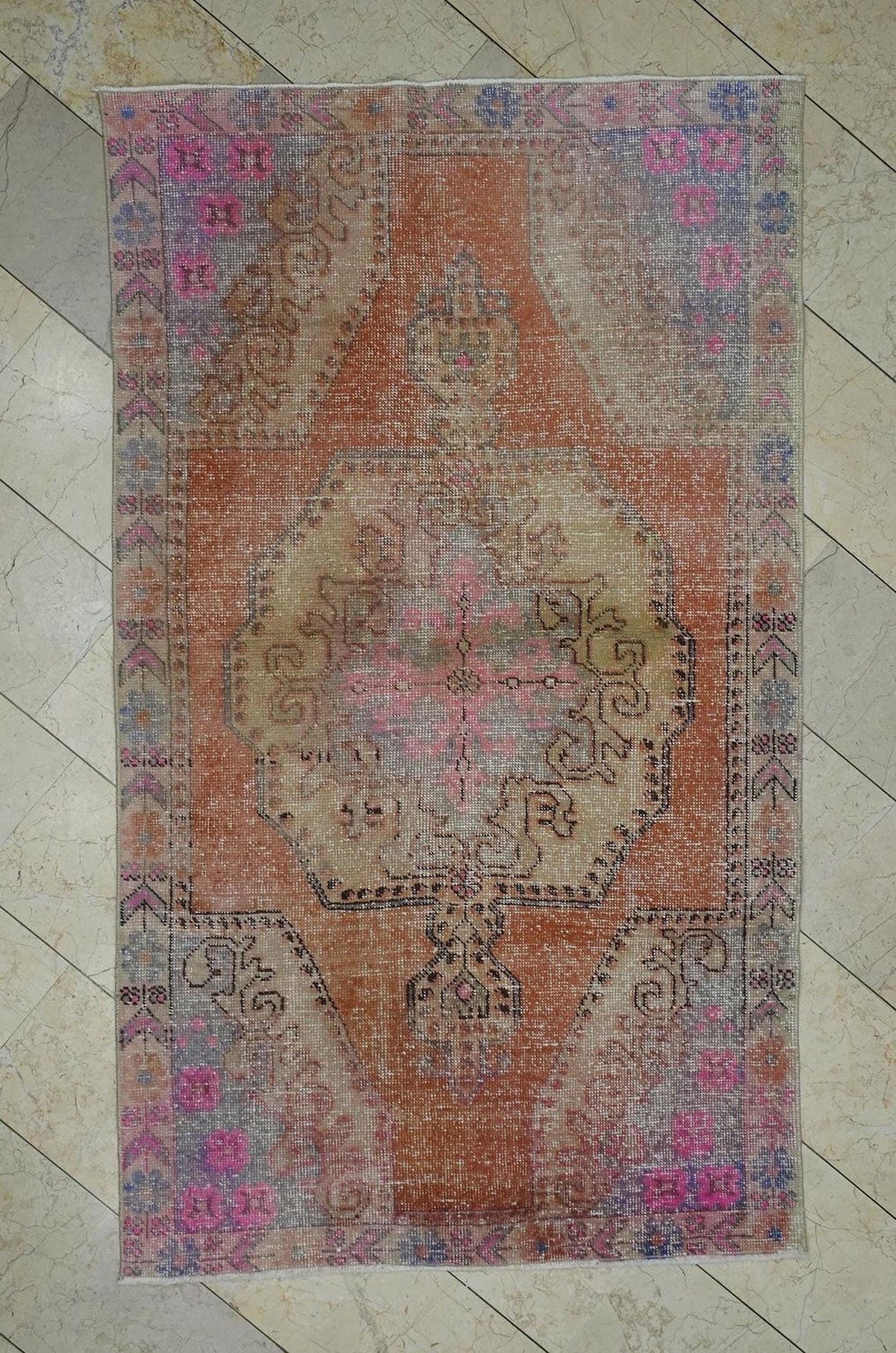 Small Size Vintage Turkish Rug: 4.3xx7.2 Feet,Multi Faded Color Wool Oushak Rugs.