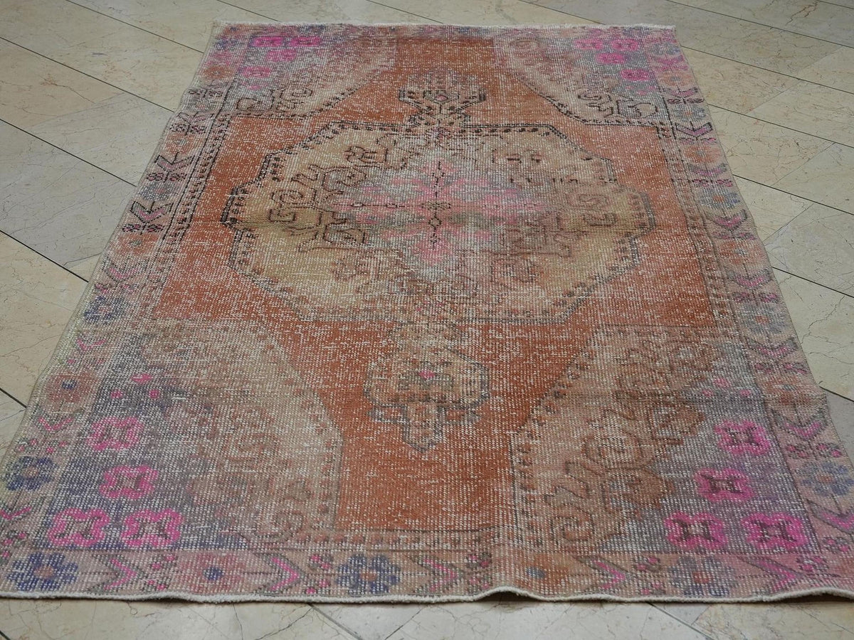 Small Size Vintage Turkish Rug: 4.3xx7.2 Feet,Multi Faded Color Wool Oushak Rugs.