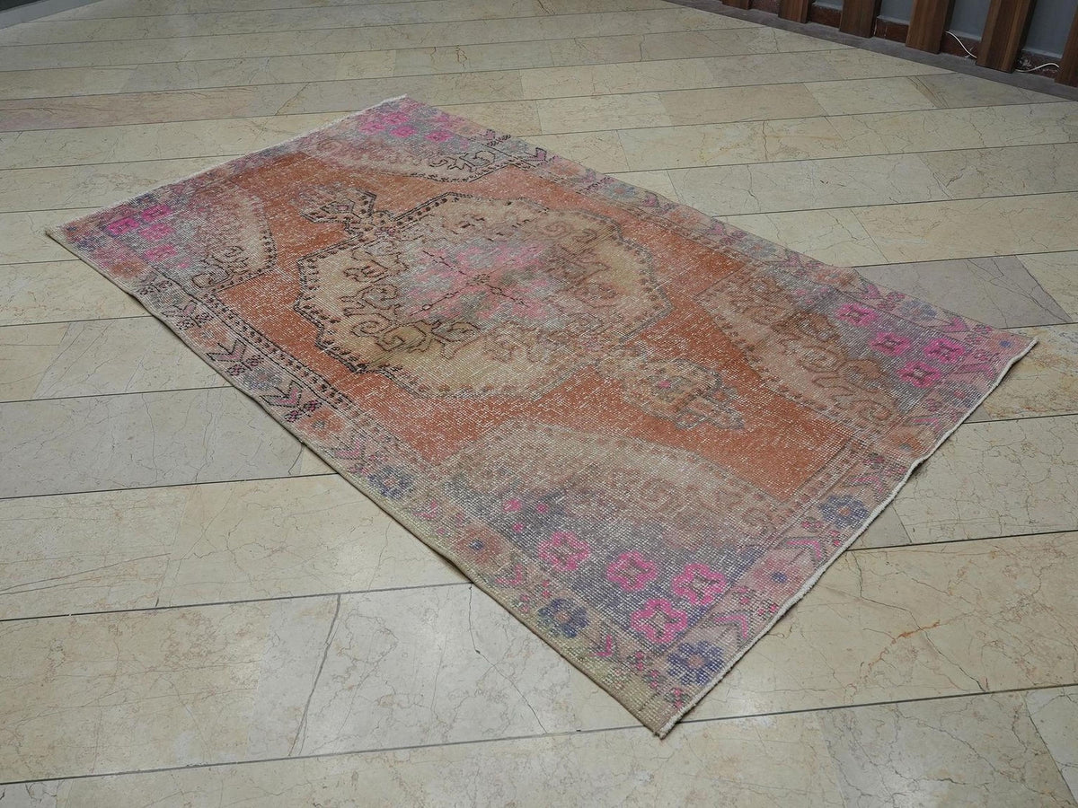 Small Size Vintage Turkish Rug: 4.3xx7.2 Feet,Multi Faded Color Wool Oushak Rugs.