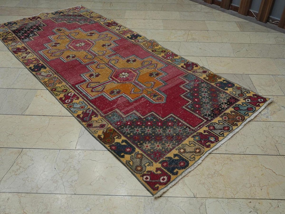 Vintage Colorful Wool Turkish Rug,4x9 Ft,Seasonal Decor Handmade Oushak Rugs.