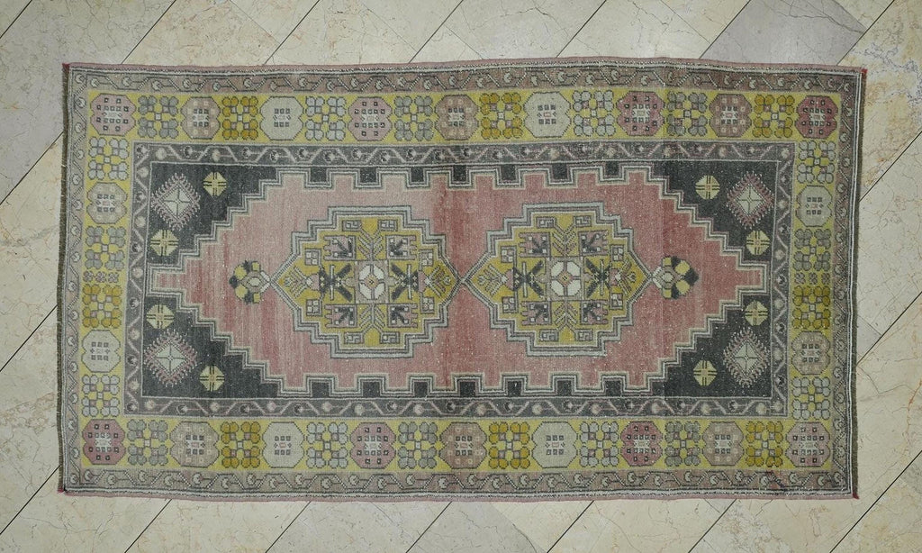 Salmon Pink Oushak Rug: Small Size Handmade Wool Turkish Rugs 4"x7.3" Feet.