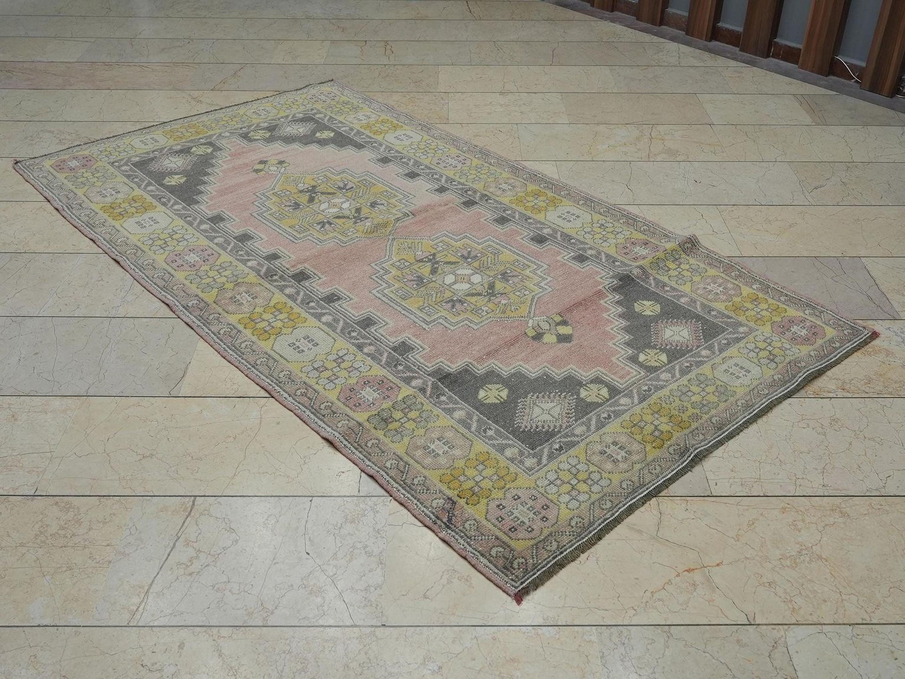 Salmon Pink Oushak Rug: Small Size Handmade Wool Turkish Rugs 4"x7.3" Feet.