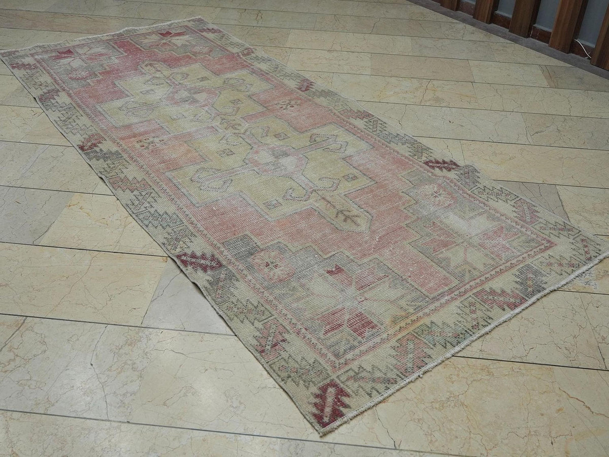 Vintage Handmade Oushak Rug: 4x9 Ft,Winter Decor Wool On Cotton Turkish Carpet.