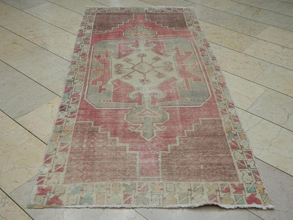 Vintage Handmade Wool Oushak Rug,3.4x7.3 Ft,Mid Century Antique Anatolian Rugs.
