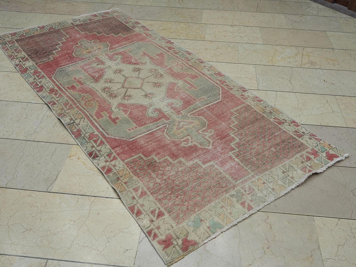 Vintage Handmade Wool Oushak Rug,3.4x7.3 Ft,Mid Century Antique Anatolian Rugs.