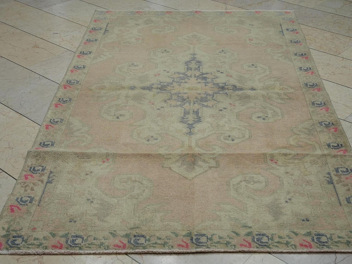 Vintage Turkish Oushak Rug: Small Size Handmade Wool Carpet, Pastel Colors Rugs, 4,1x7,2