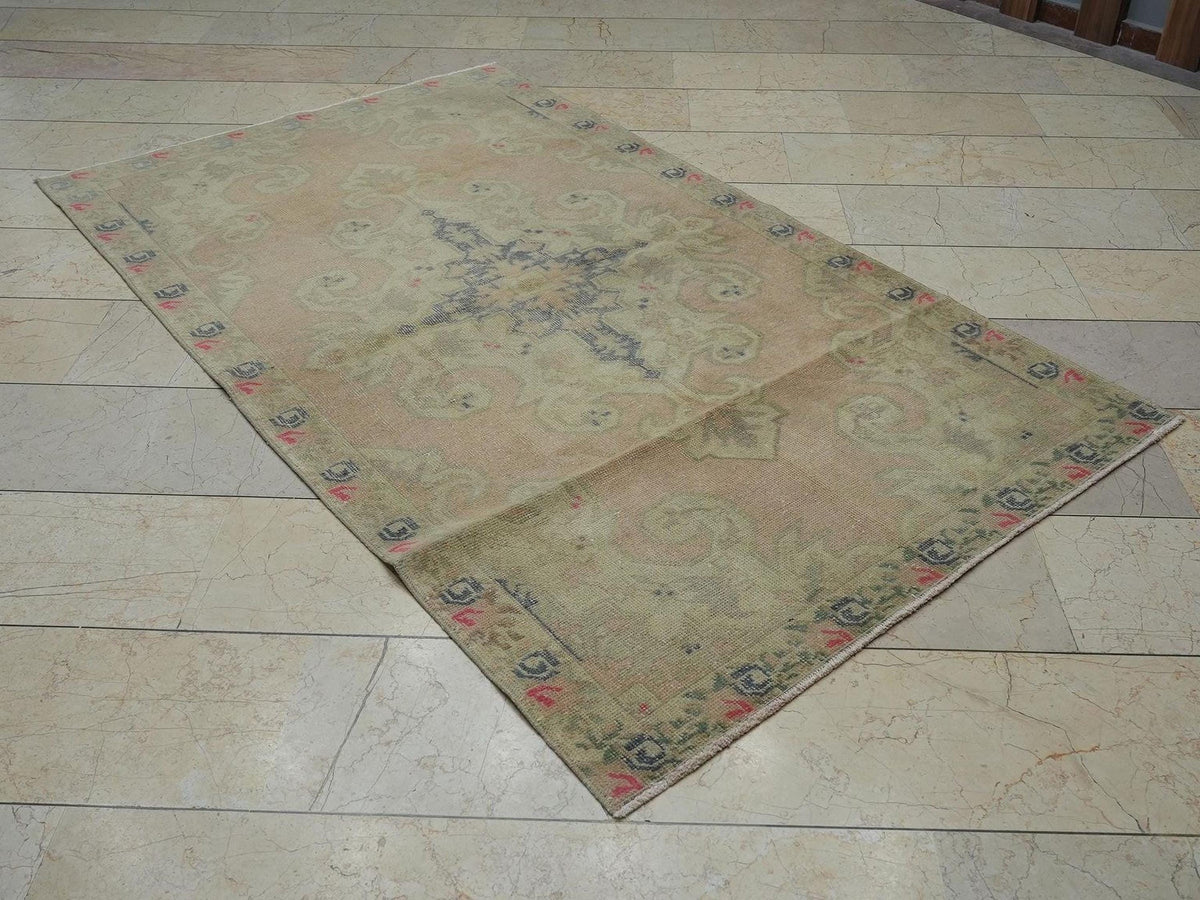 Vintage Turkish Oushak Rug: Small Size Handmade Wool Carpet, Pastel Colors Rugs, 4,1x7,2
