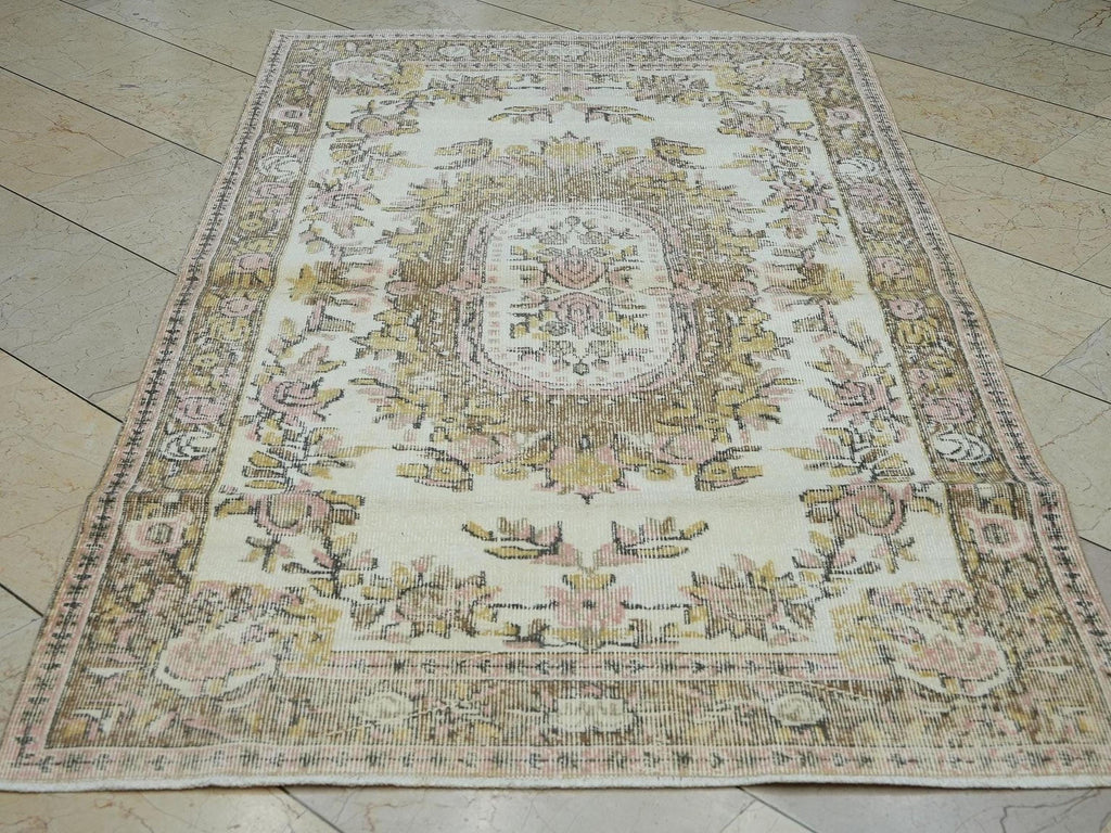 Wool Turkish Oushak Rug: 4x6.9 Feet,Neutral Handmade Area Carpet,