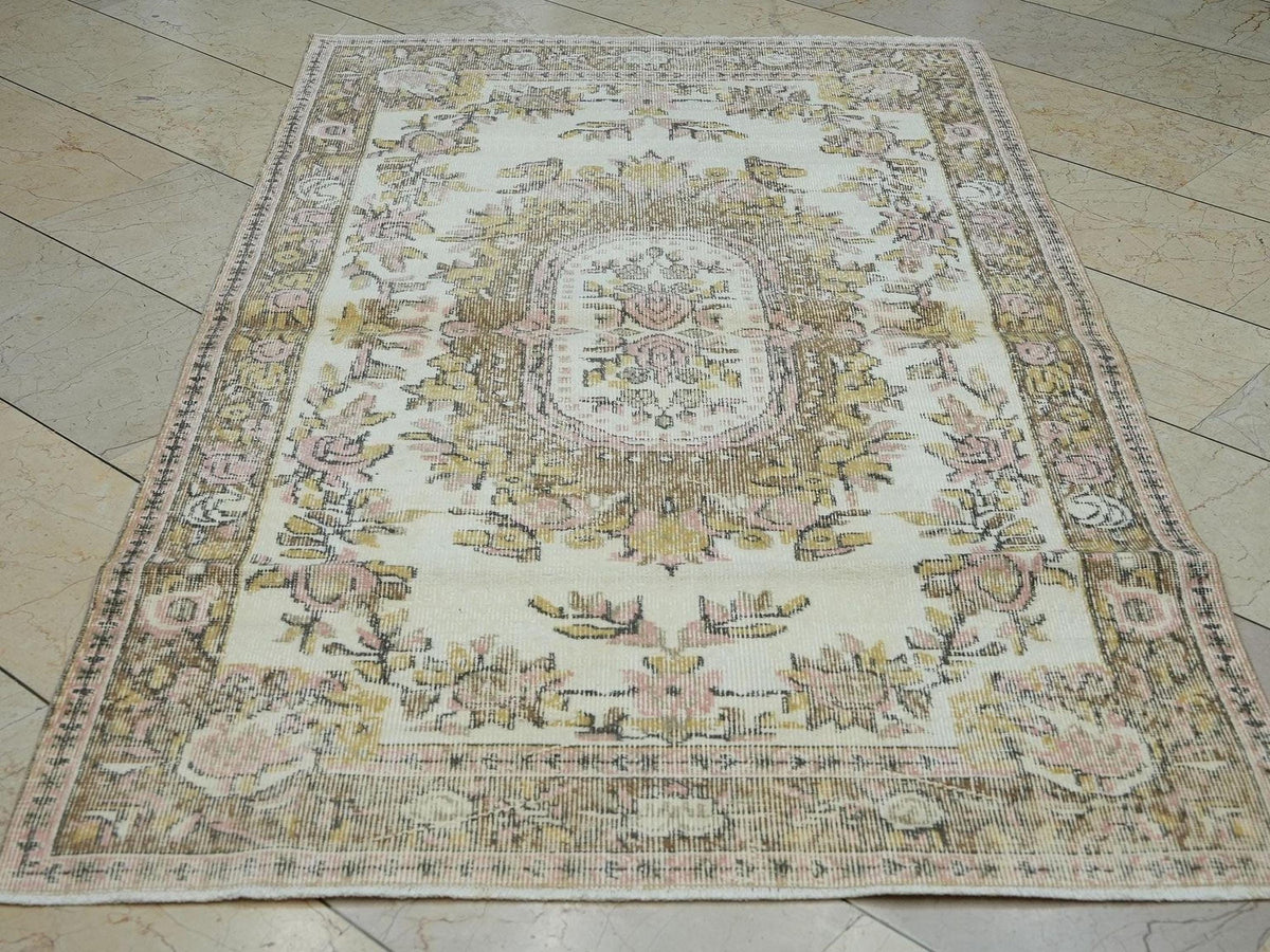 Wool Turkish Oushak Rug: 4x6.9 Feet,Neutral Handmade Area Carpet,