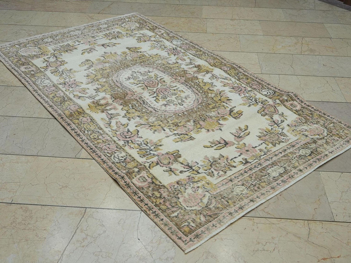 Wool Turkish Oushak Rug: 4x6.9 Feet,Neutral Handmade Area Carpet,