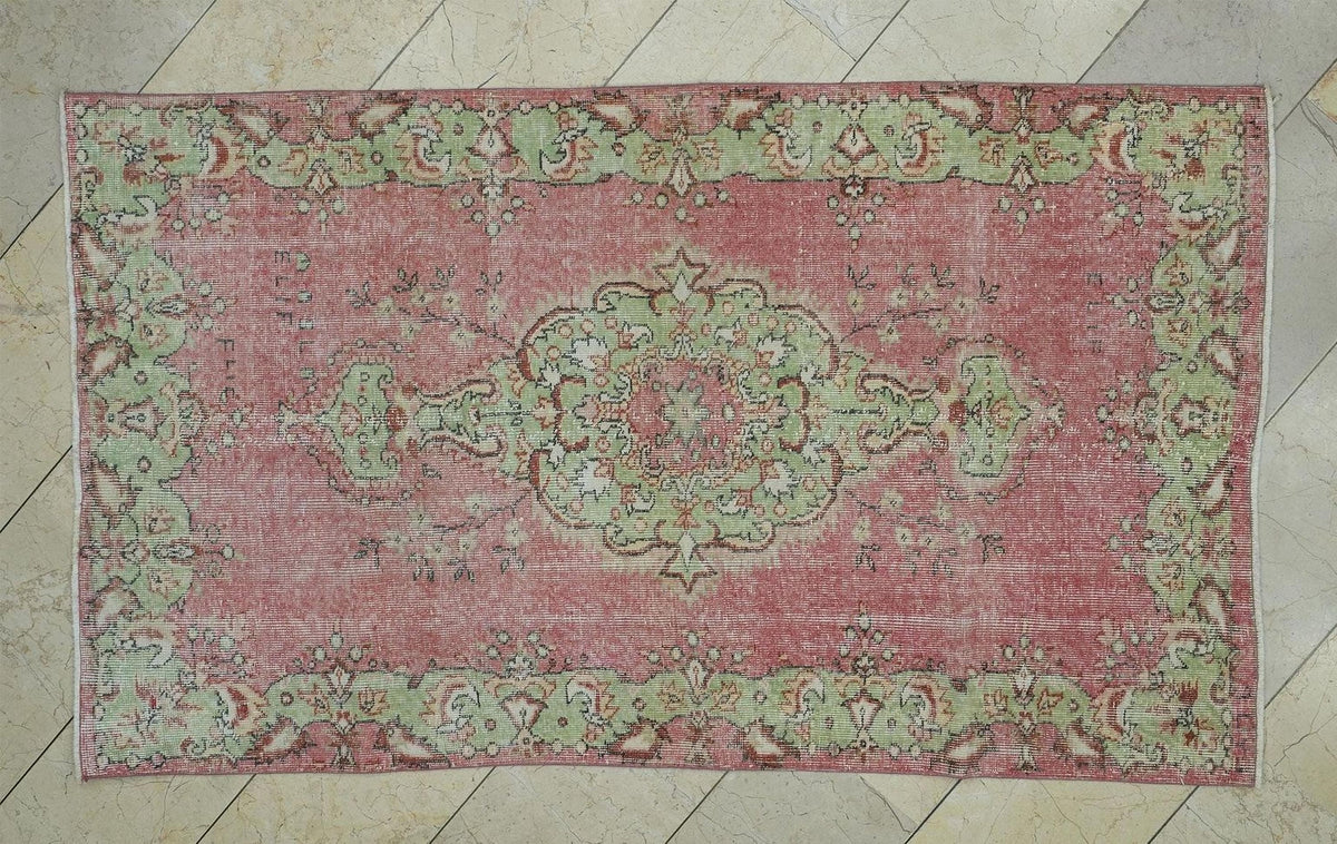 Pinkish Red & Green Vintage Wool Oushak Rug,3.8x6.6 Ft,Home Living Decor Turkish Rugs