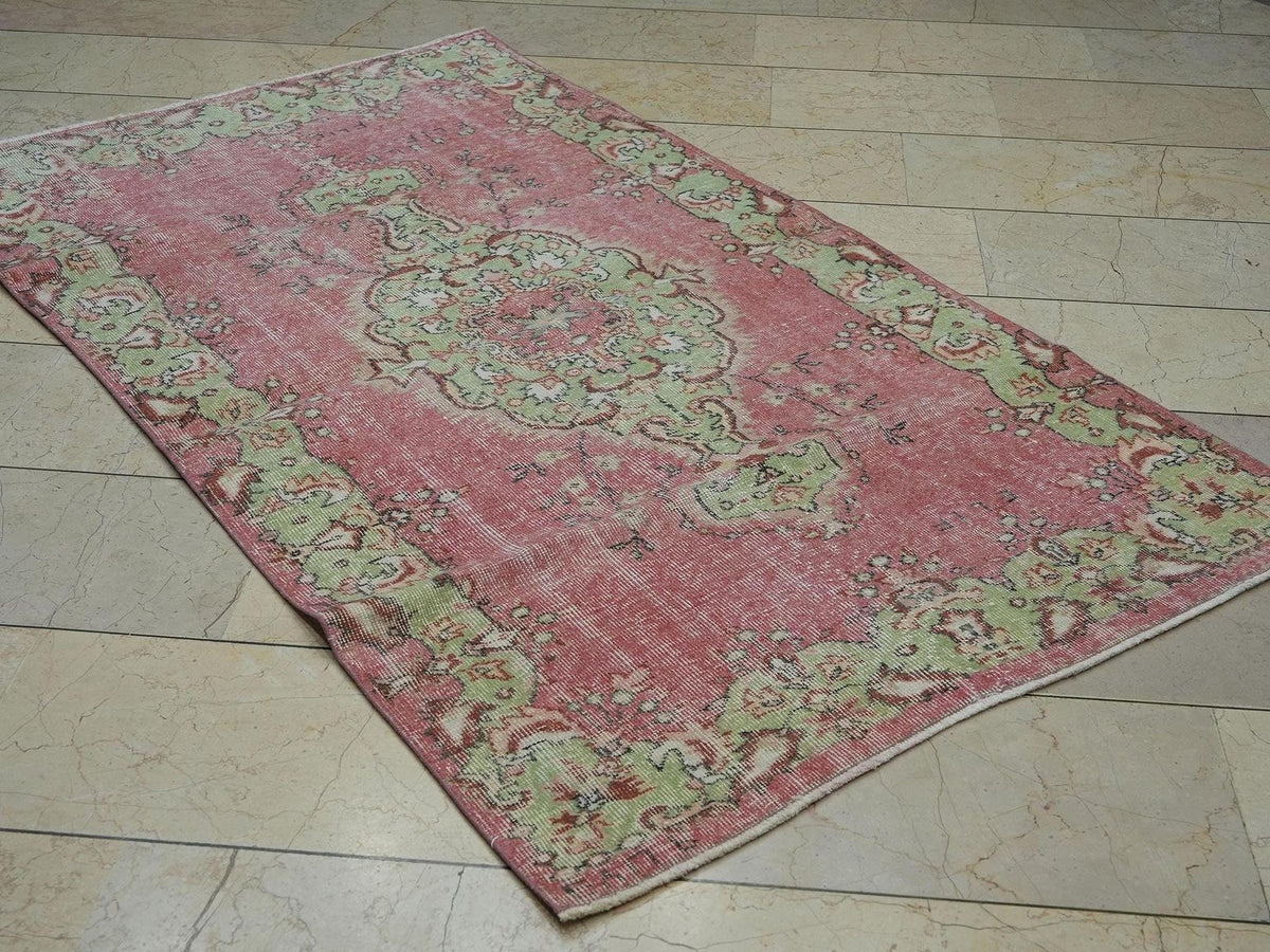 Pinkish Red & Green Vintage Wool Oushak Rug,3.8x6.6 Ft,Home Living Decor Turkish Rugs