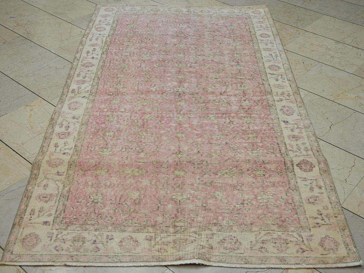 Salmon Pink Vintage Handmade Oushak Rug,3.8x6.6 Ft,Mid Century Modern Rugs