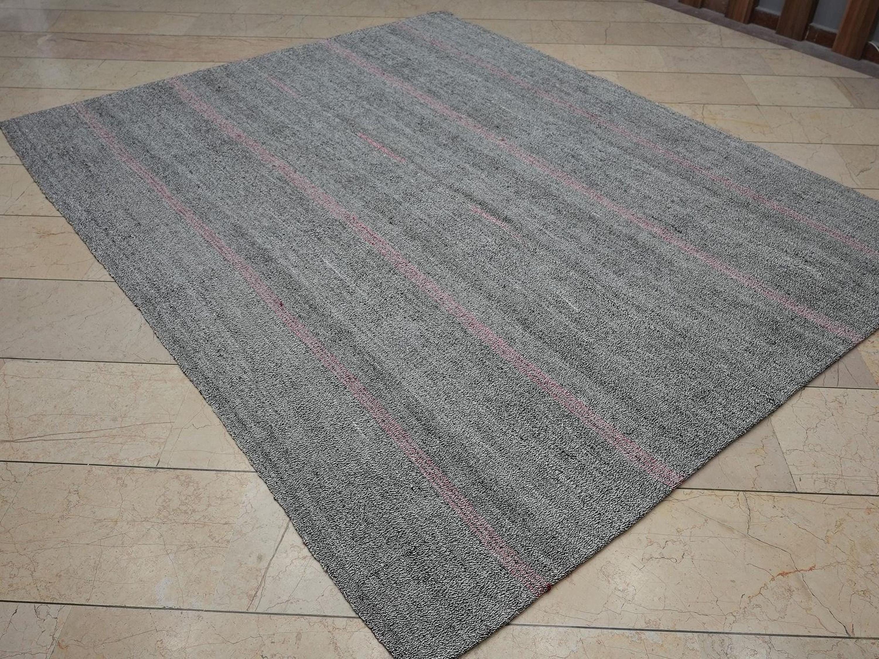 Pink Stripe Gray Vintage Turkish Kilim Rug: 6.7x8.3 Feet,Cotton And Goat Hair Rugs.