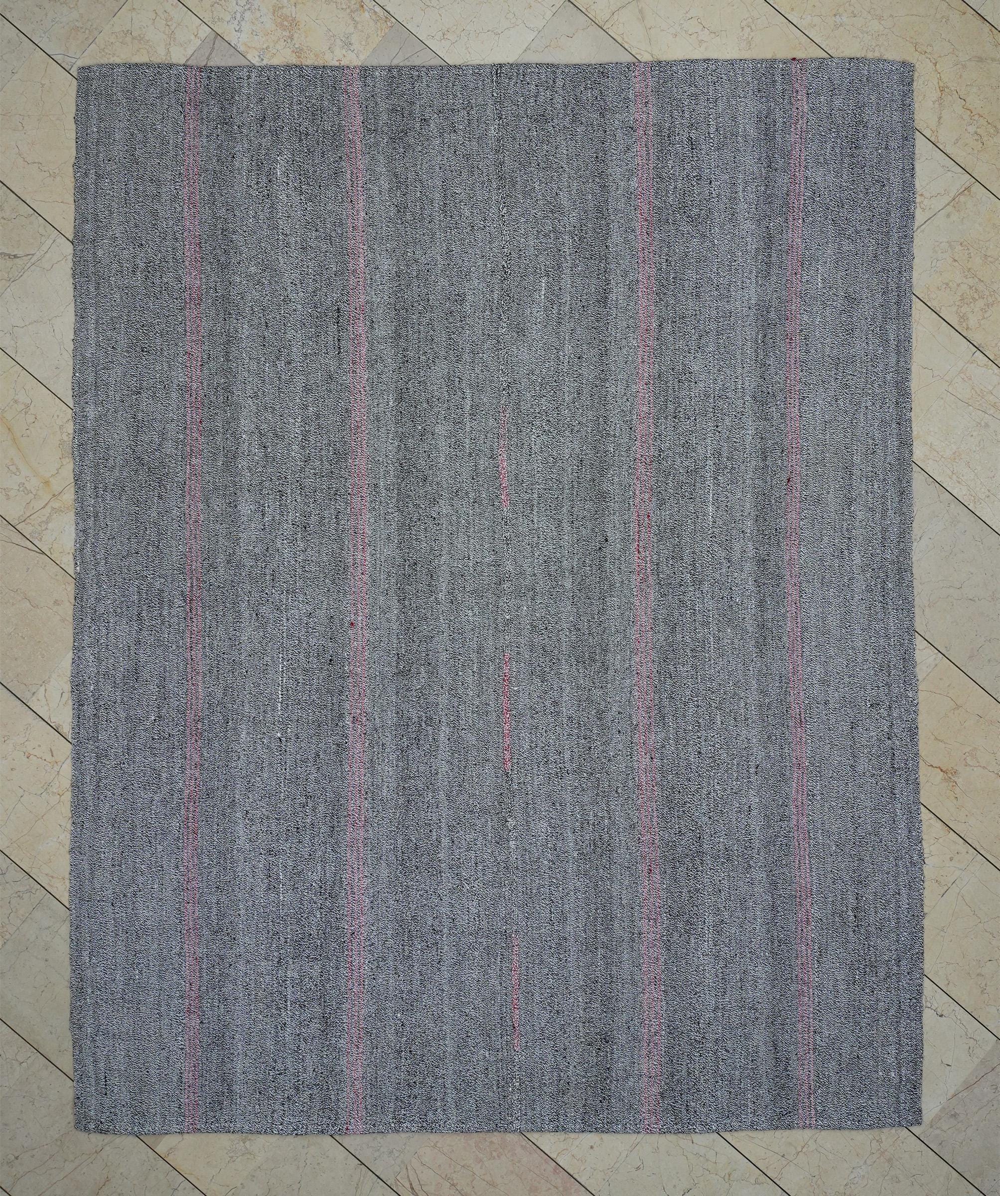 Pink Stripe Gray Vintage Turkish Kilim Rug: 6.7x8.3 Feet,Cotton And Goat Hair Rugs.