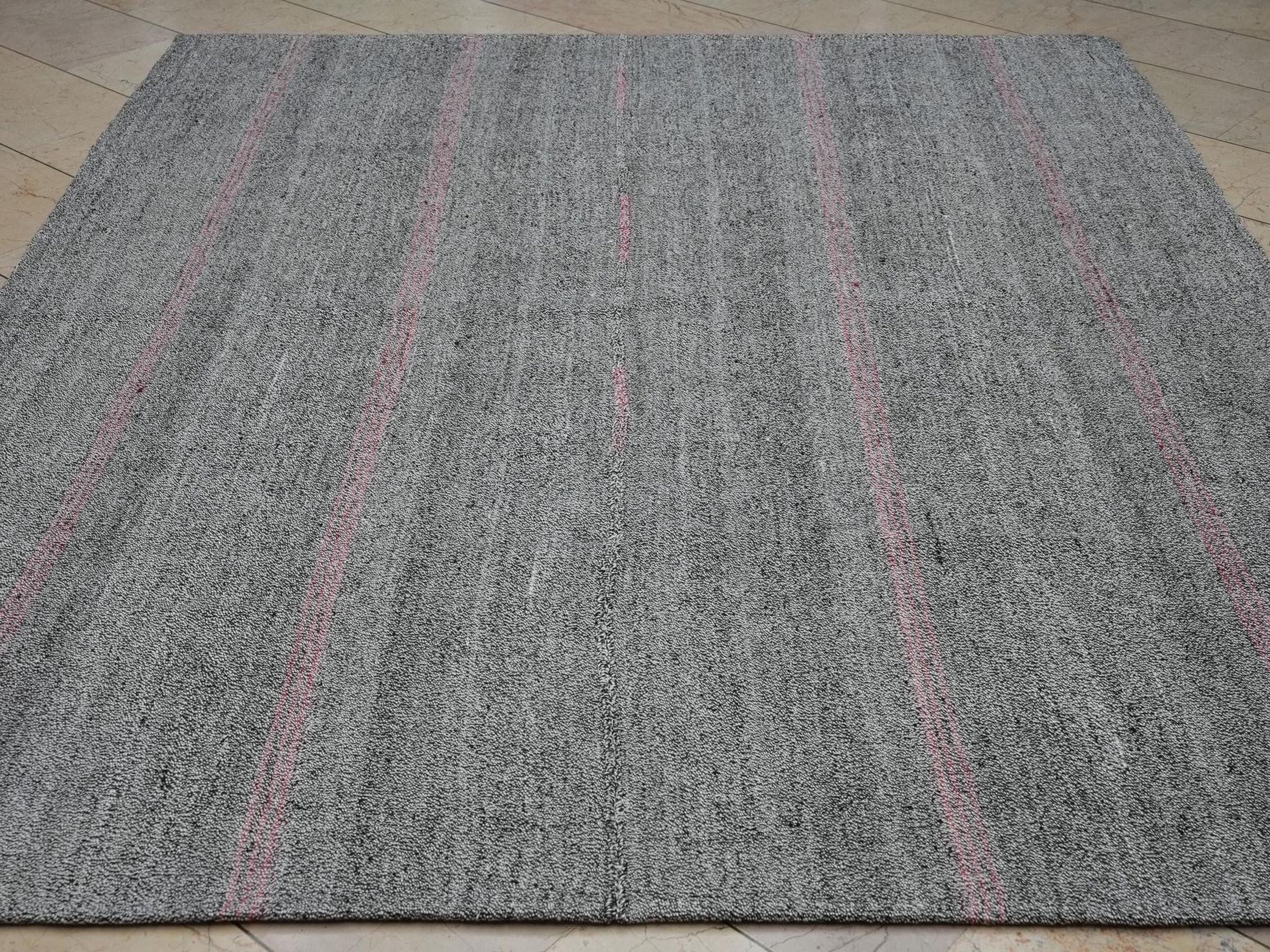 Pink Stripe Gray Vintage Turkish Kilim Rug: 6.7x8.3 Feet,Cotton And Goat Hair Rugs.