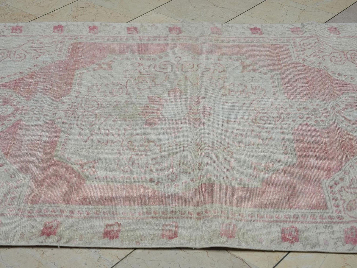 4x6 Vintage Oushak Rug: Pastel Turkish Wool Carpet, Mid-Century Modern Decor.