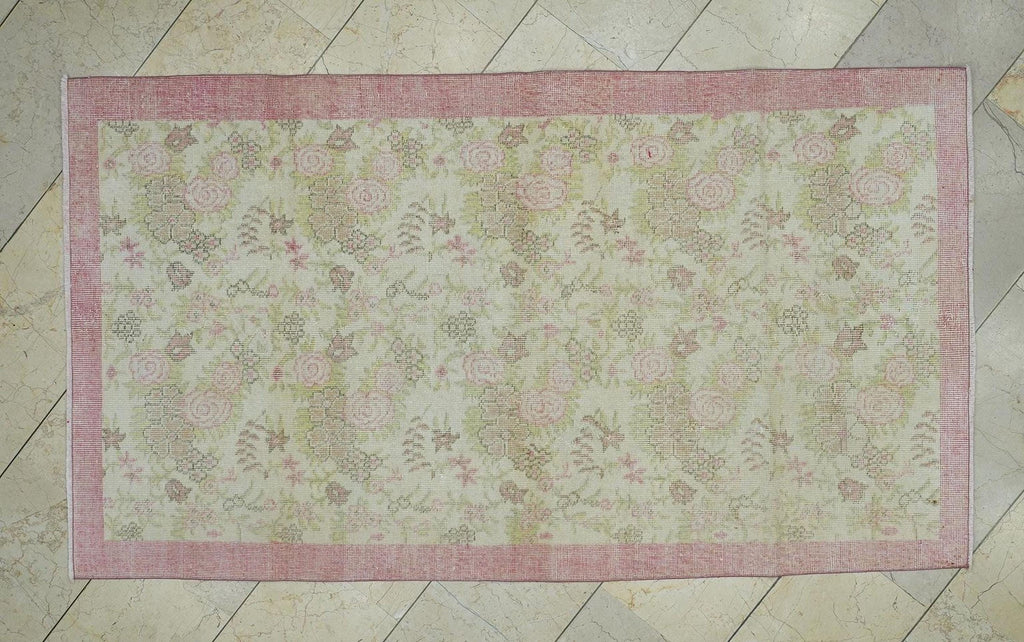 Pink & Beige Floral Vintage Handmade Oushak Rug,3.7x6.5 Ft,Wool Turkish Carpet Rugs