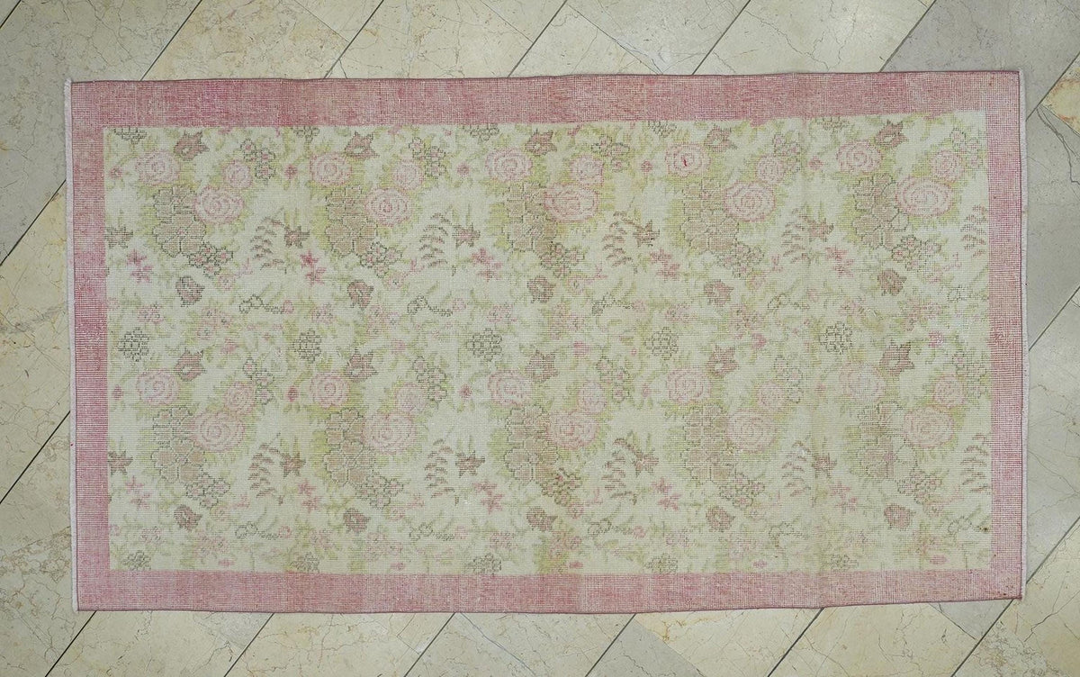 Pink & Beige Floral Vintage Handmade Oushak Rug,3.7x6.5 Ft,Wool Turkish Carpet Rugs