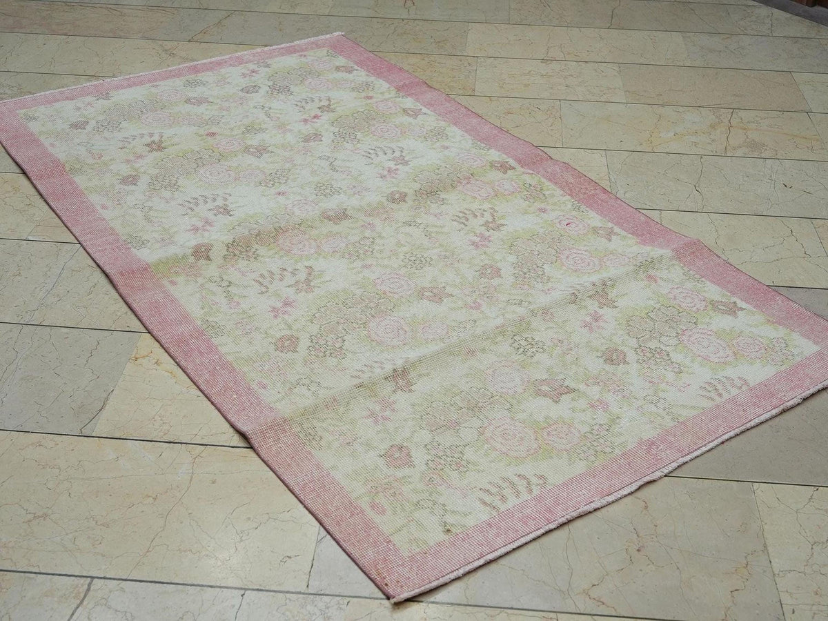 Pink & Beige Floral Vintage Handmade Oushak Rug,3.7x6.5 Ft,Wool Turkish Carpet Rugs