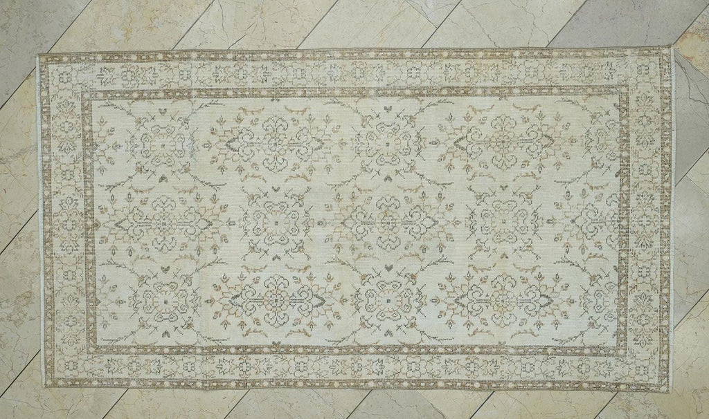 Vintage Beige Brown Handmade Oushak Rug,3.6x6.7 Ft,Wool Turkish Carpet Rugs.
