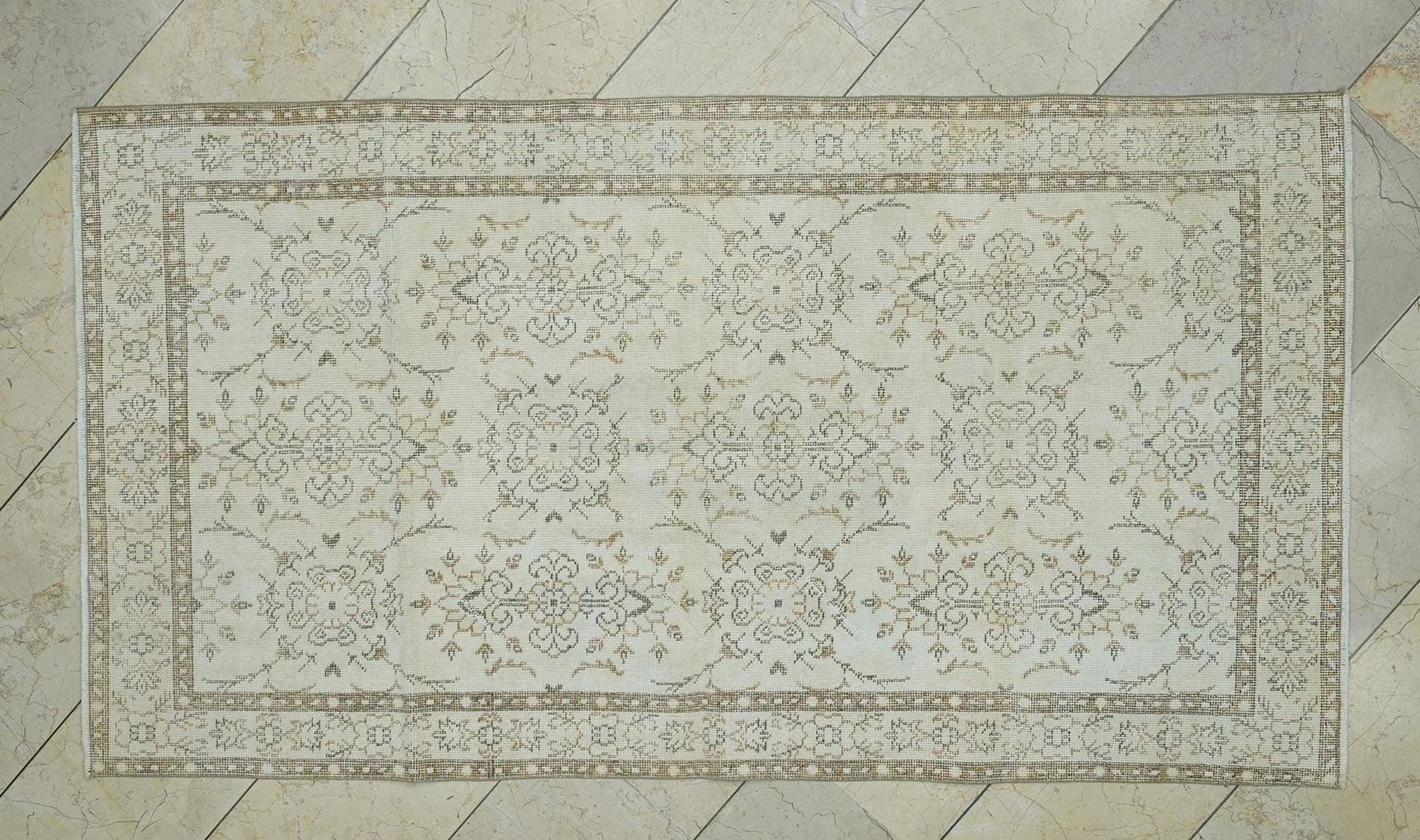 Vintage Beige Brown Handmade Oushak Rug,3.6x6.7 Ft,Wool Turkish Carpet Rugs.