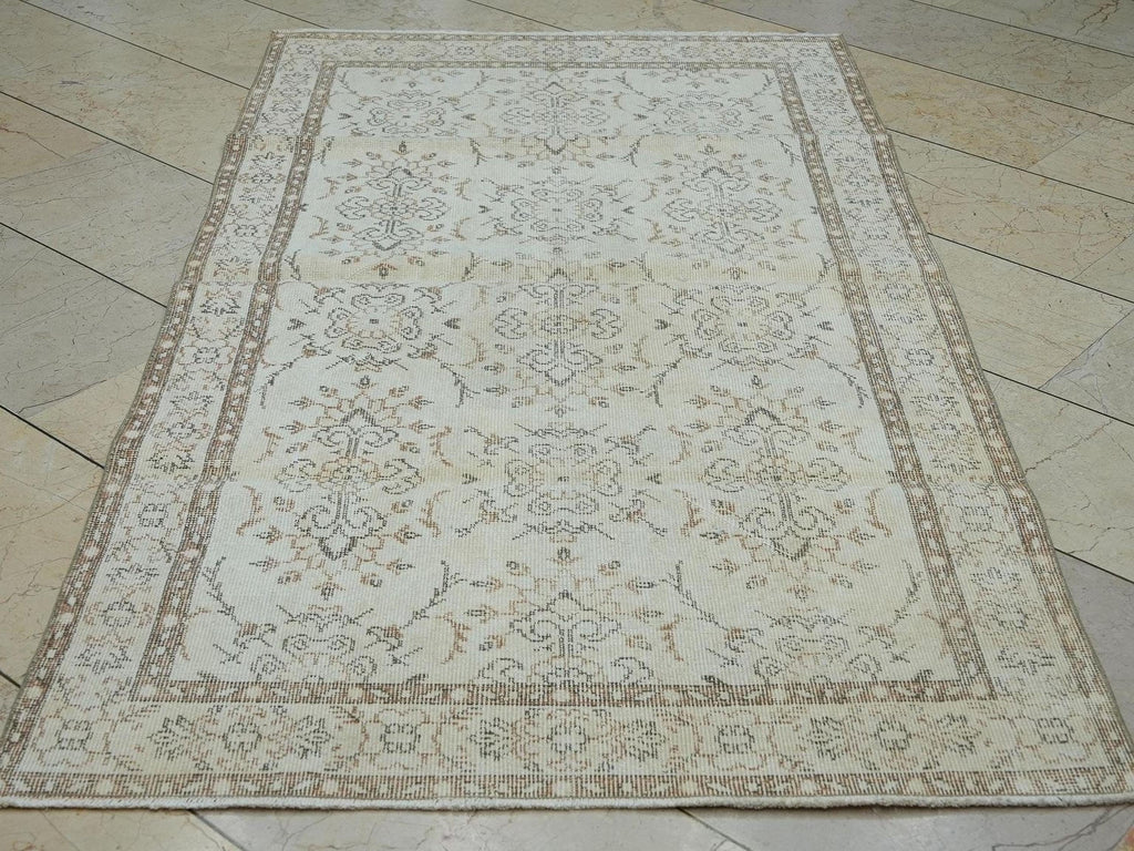 Vintage Beige Brown Handmade Oushak Rug,3.6x6.7 Ft,Wool Turkish Carpet Rugs.