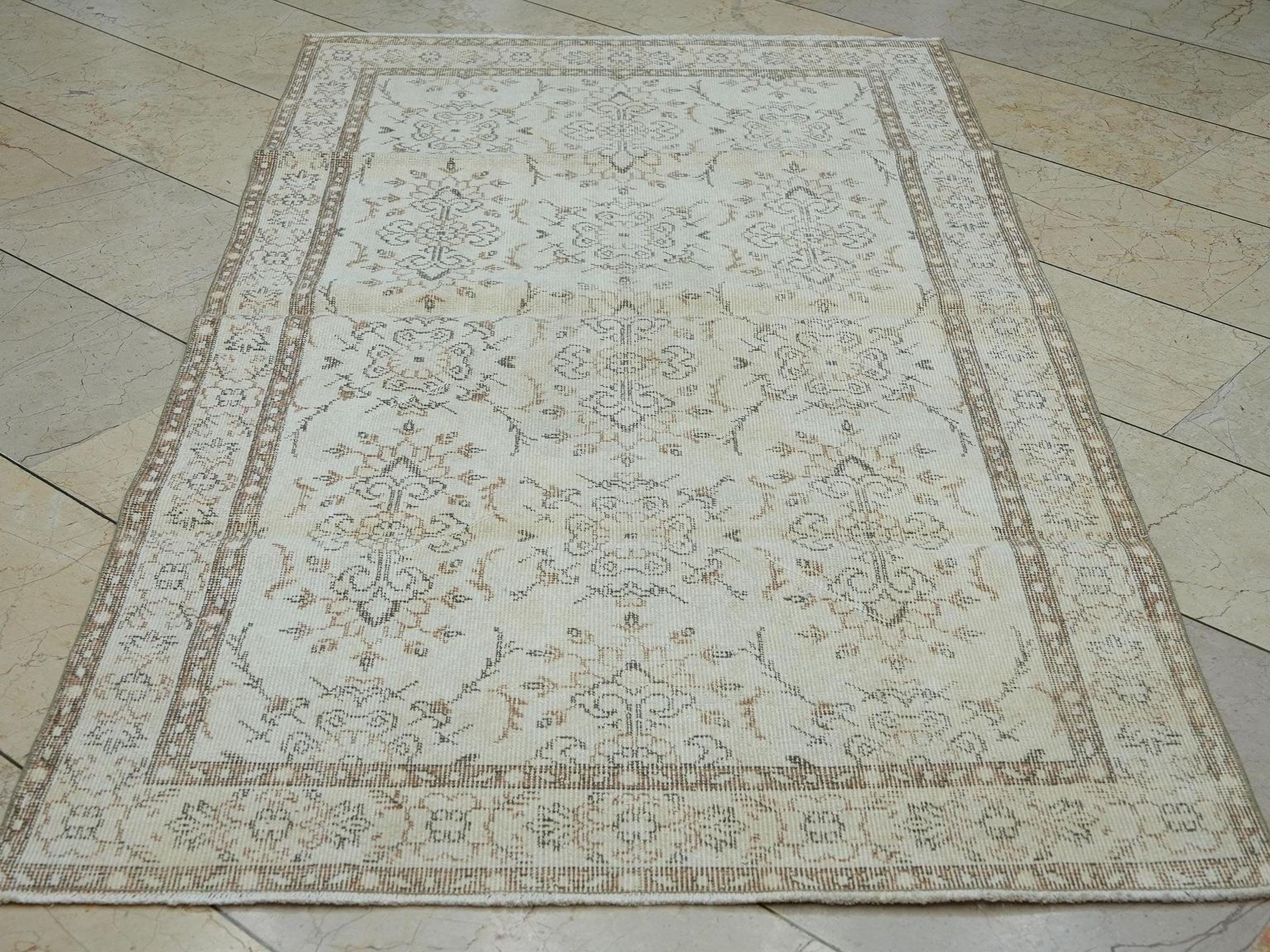 Vintage Beige Brown Handmade Oushak Rug,3.6x6.7 Ft,Wool Turkish Carpet Rugs.