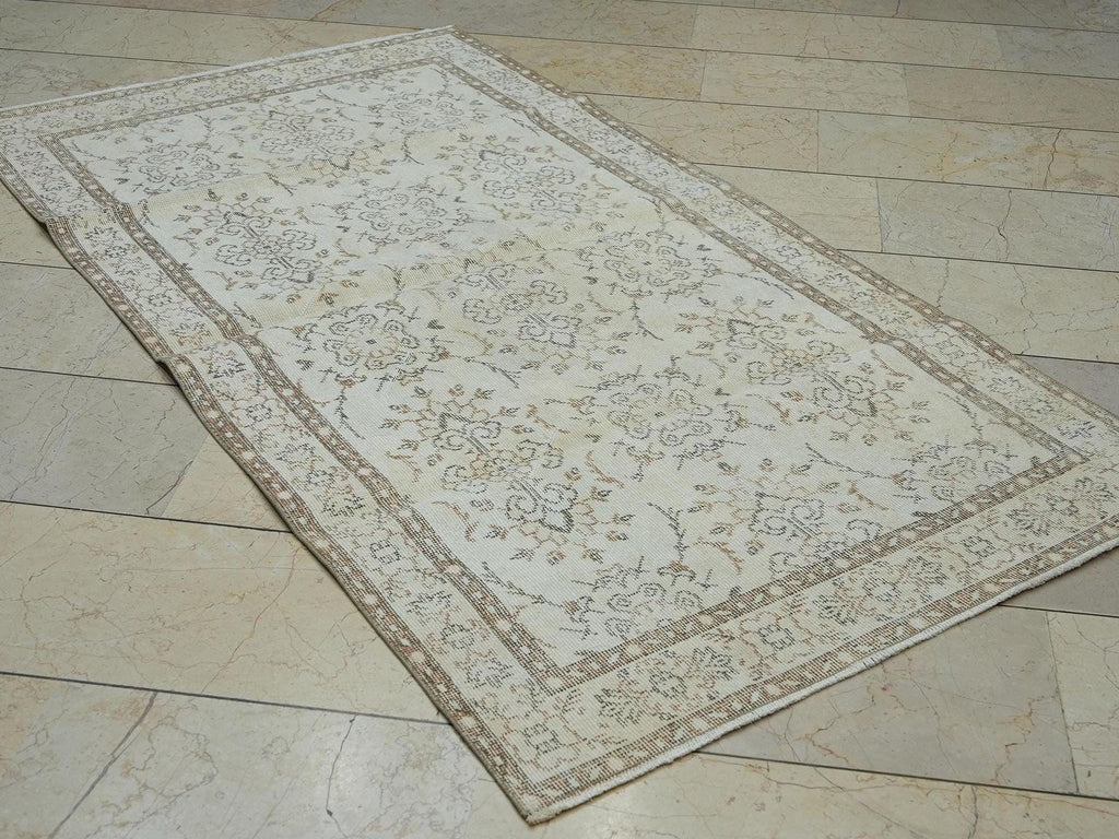 Vintage Beige Brown Handmade Oushak Rug,3.6x6.7 Ft,Wool Turkish Carpet Rugs.