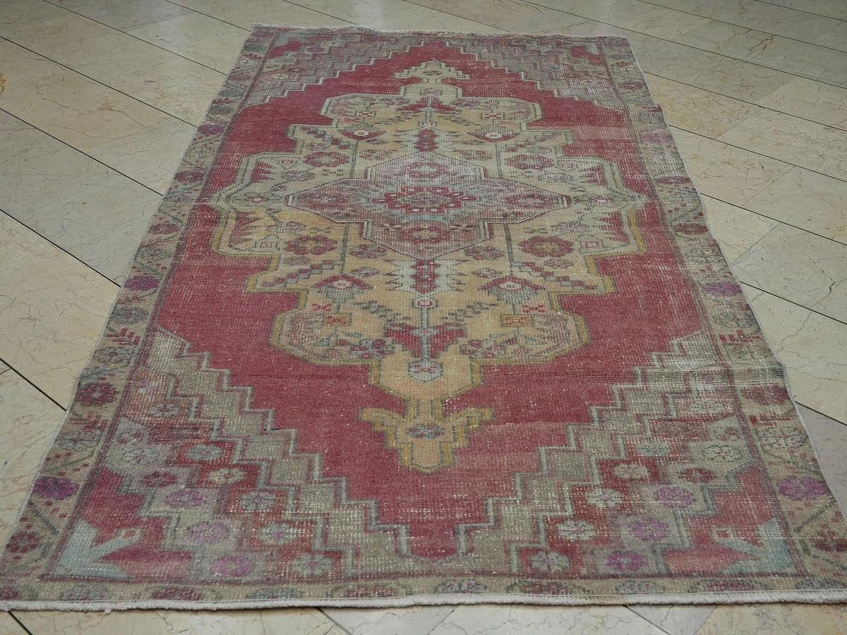 Turkish Vintage Wool Carpet Rug,4.4x8 Ft,Handmade Oushak Rugs.