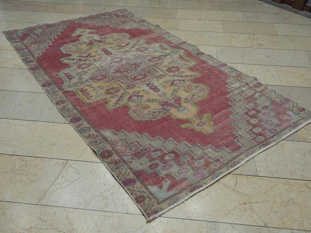 Turkish Vintage Wool Carpet Rug,4.4x8 Ft,Handmade Oushak Rugs.