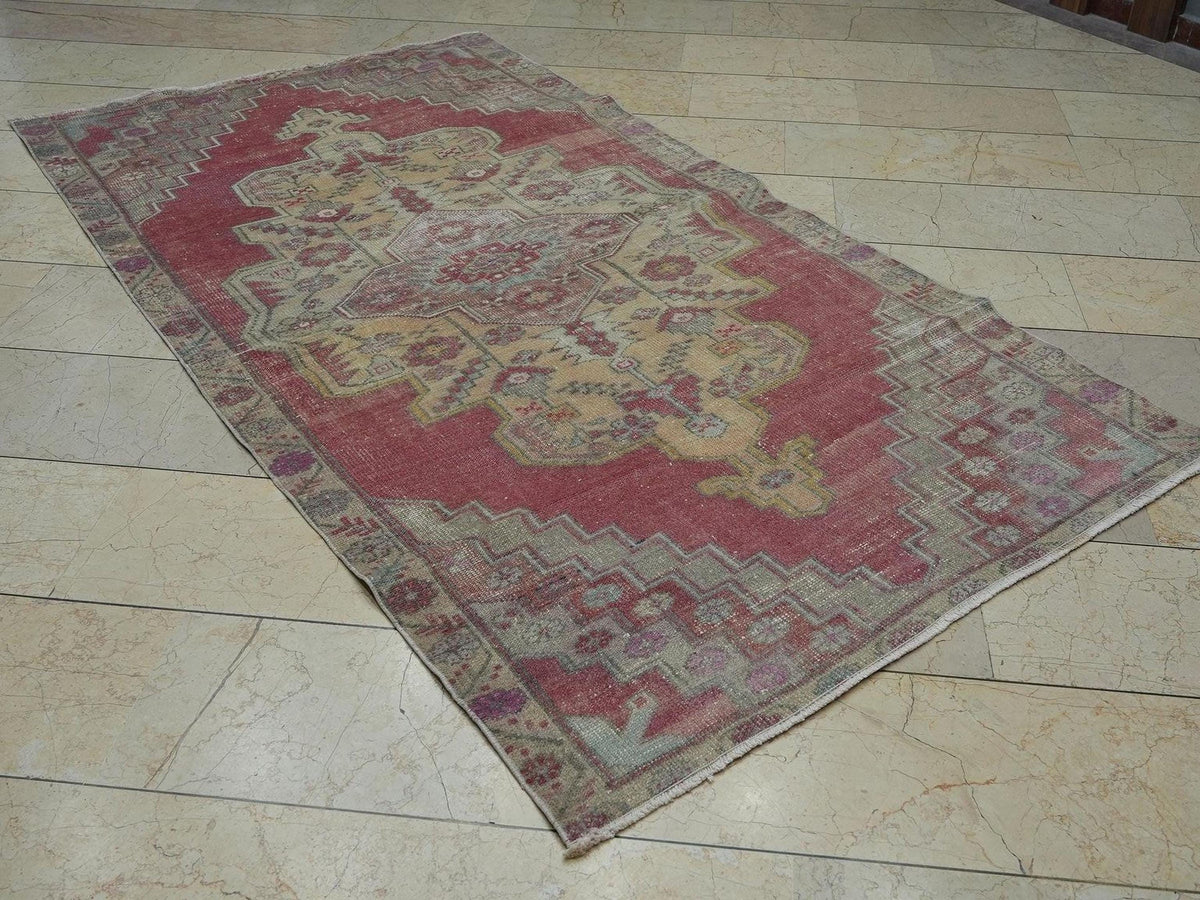 Turkish Vintage Wool Carpet Rug,4.4x8 Ft,Handmade Oushak Rugs.
